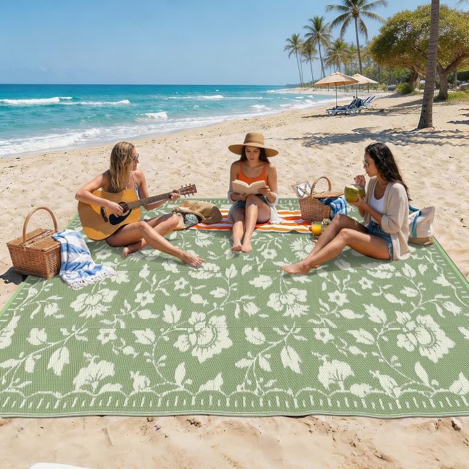 Garvee 6x9 Outdoor Patio Rug, Floral Waterproof Outdoor Rug for Camping with Portable Bag, Vintage Plastic Straw RV Rugs for Outside, Reversible Mats for Picnic Backyard Porch Balcony, Green