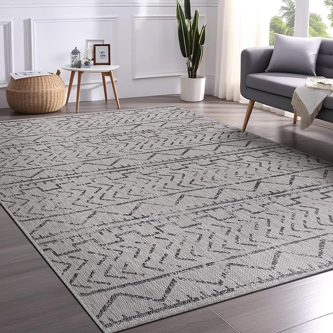 Beverly Rug Waikiki Indoor Outdoor Rug 5x7, Washable Outside Carpet for Patio, Deck, Porch, Trellis Area Rug, Water Resistant, Dark Grey - Light Grey