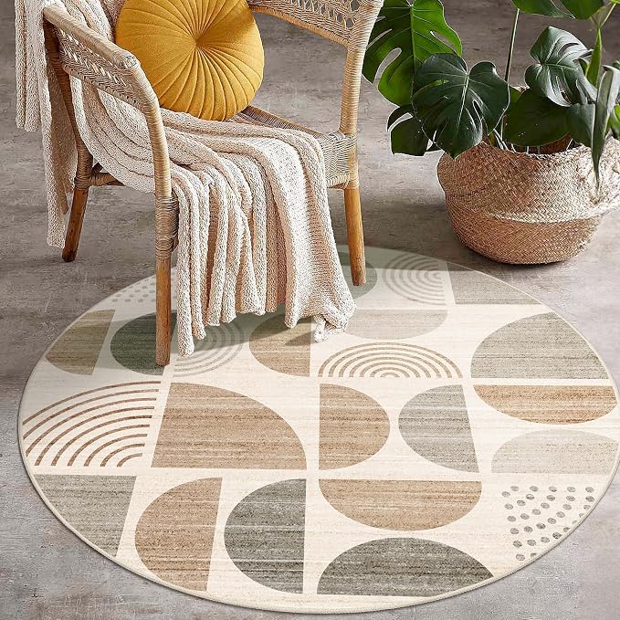 Round Rug 4ft Small Circle Area Rug Washable Non Slip Modern Abstract | Circular Rugs for Entryway Bedroom Kitchen Boho Throw Carpet Soft Low Pile Floor Indoor Bohemian Neutral Beige