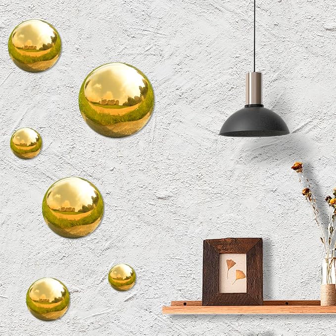 Gazing Ball Garden Mirror Outdoor - Outside Decorative Globe, Gold 6Pcs Mix | Metal Polished Reflective Hemisphere, Stainless Steel Hollow Decoration Ornament, for Home Pond Swimming Pool Housewarming