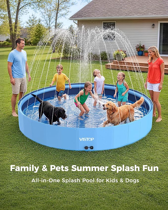 VISTOP 97" Foldable Dog Pool with Sprinkler, Large Hard Shell Pet Swimming Pool, Non-Slip Collapsible Kiddie Pool for Backyard Outdoor Summer Water Play