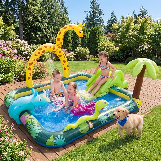 GLACER Inflatable Kiddie Pool, Outdoor Splash Pad with Slide & Sprinkler | Jungle Adventure Toddler Swimming Pool with Ring-Toss Game, Water Play Center for Backyard, Garden, 70"L x 54.5"W x 82"H