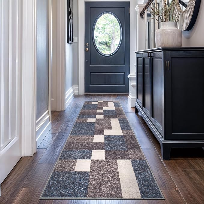 Rugshop Modern Boxes Non-Slip Contemporary Runner Rug Blue 2'7" x 12' | Rectangular, Size 2'7" x 12', Living Room, Bedroom, Dining Room, Home Office, Kitchen, Entryway, Hallway, Nursery, Kids Room