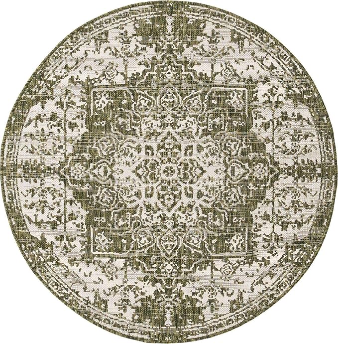 Unique Loom Outdoor Collection Area Rug - Dubai (4' 1' Round, Green/ Ivory)