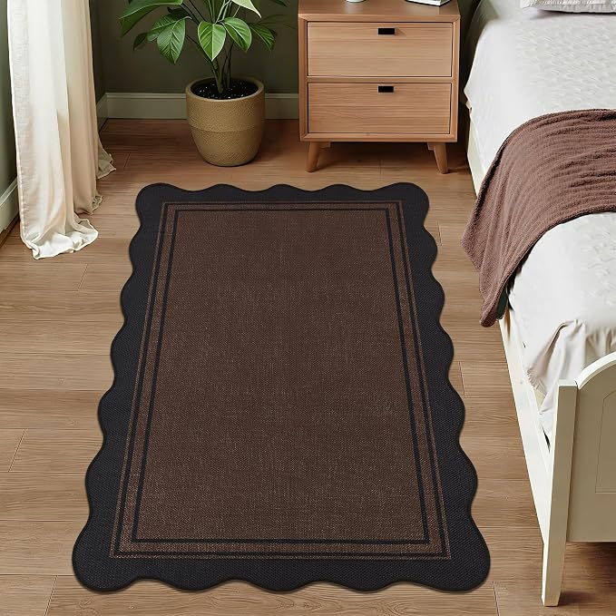 Easy Jute 3x5 Outdoor Rug Washable Non Slip Rug for Entryway Indoor Outdoor Farmhouse Neutral Scalloped Carpet for Backyard Patio Proch Living Room