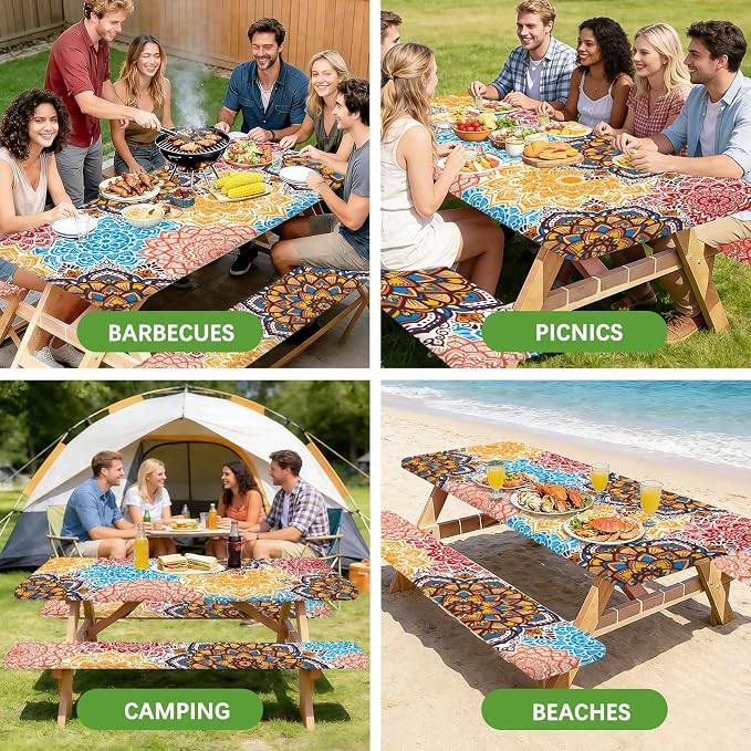 Picnic Table Cover with Bench Covers Elastic Edges, 3 Pcs Mandala Fitted Table Cover with Drawstring Bag, Waterproof Windproof Aesthetic Camping Tablecloth, Outdoor Camping Essentials 72 Inch