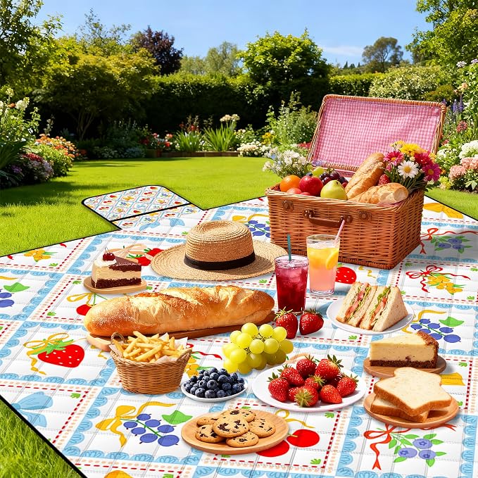 Extra Large Picnic Blanket Waterproof,80"x 80"Foldable Machine Washable Beach Blanket,Outdoor Blanket for 6-8 Adults,Suitable for Indoor Crawling,Park Beach,Camping,Hiking,Family Travel(Fruit)