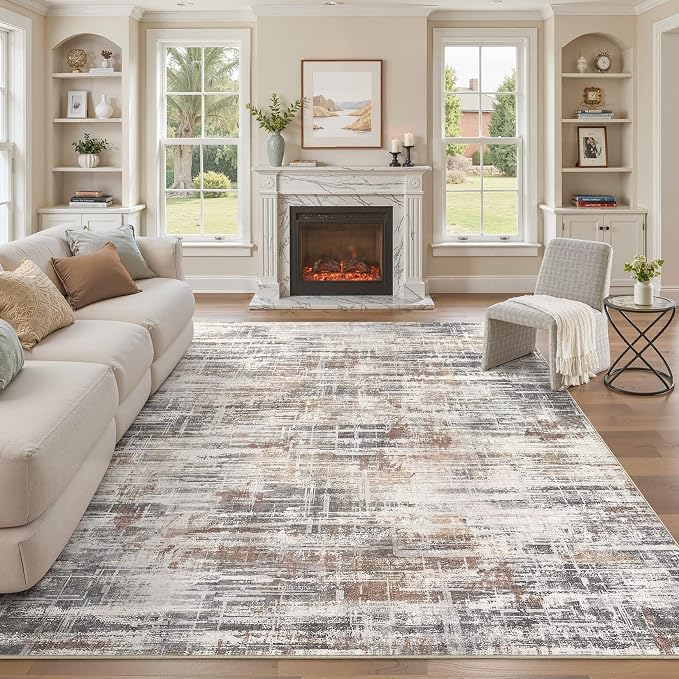 UERMEI 9x12 Area Rug for Living Room Washable Abstract Grey/Rust/Brown | Low Pile Non-Slip Soft Neutral Modern Carpet Kid Pet Friendly Large Rugs For Bedroom Dining Room Nursery Office Indoor Decor