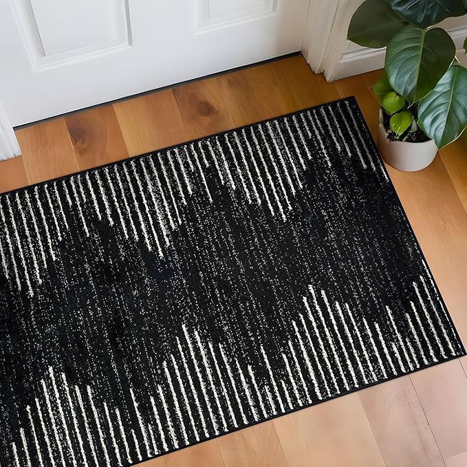 Rugshop Bohemian Stripe Stain Resistant High Traffic Area Rug Black 2' x 3' | Rectangular, Size 2' x 3', Living Room, Bedroom, Dining Room, Home Office, Kitchen, Entryway, Hallway, Nursery, Kids Room