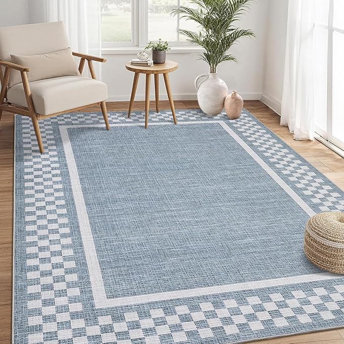 GarveeHome Washable Area Rugs 10x13 Non Slip Soft Large Living Room Rug | Modern Checkered Bedroom Rug Soft Geometric Bordered Throw Carpet for Dining Room Home Decor Office Nursery, Blue