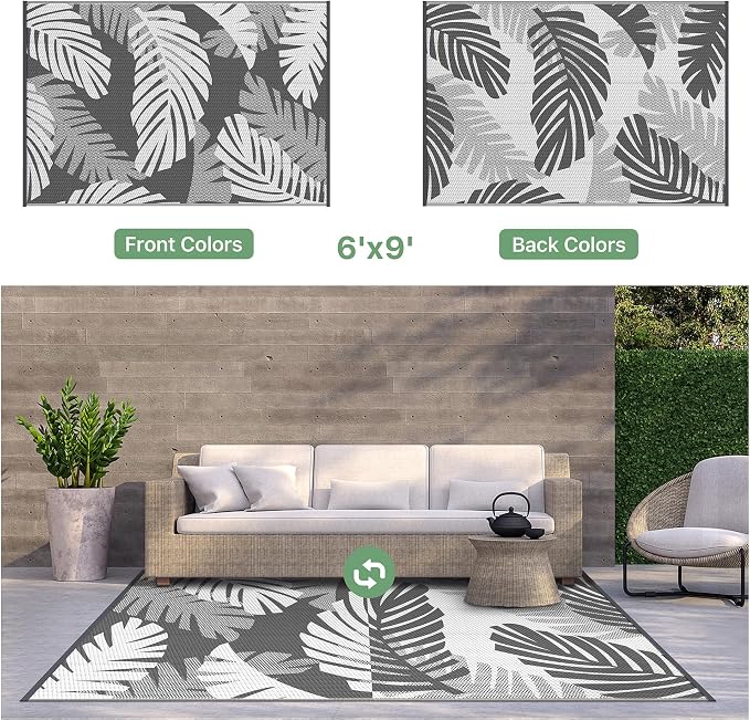 GENIMO Waterproof Outdoor Rug 6' x 9' for Patio Decor, Reversible Plastic Straw Area Rugs for Camping Clearance, RV Mat, Large Outside Carpet for Porch, Deck, Picni, Balcony, Garden, Grey & White