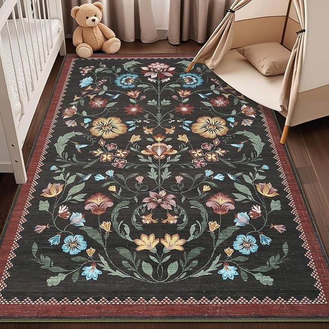 GarveeHome Washable Rug 4x6 Area Rugs for Living Room, Floral Rug for Bedroom, Soft Boho Non Slip Throw Rugs with Rubber Back, Low Pile Stain Resistant Vintage Floral Carpet for Dining Room, Red