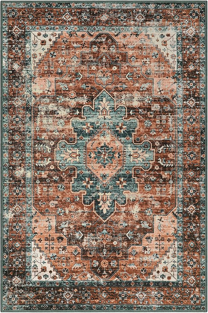 Moynesa Ultra-Thin Vintage Area Rug - 6x9 Washable Bedroom Rug Large Living Room Rug Non-Slip Dining Room Mat, Oriental Printed Low Pile Nursery Carpet for Office Kitchen Entryway, Brick Red/Dull Teal