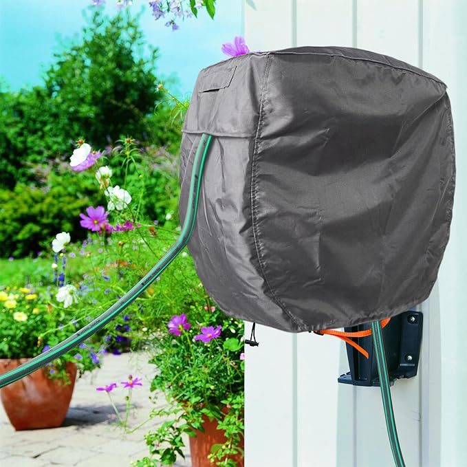 Wall Mounted Hose Reel Cover 26x11x18in 420D Waterproof | Oxford fabric, protection, ventilation, zipper, drawstring, dustproof, windproof, animal guard, backyard, garage, storage