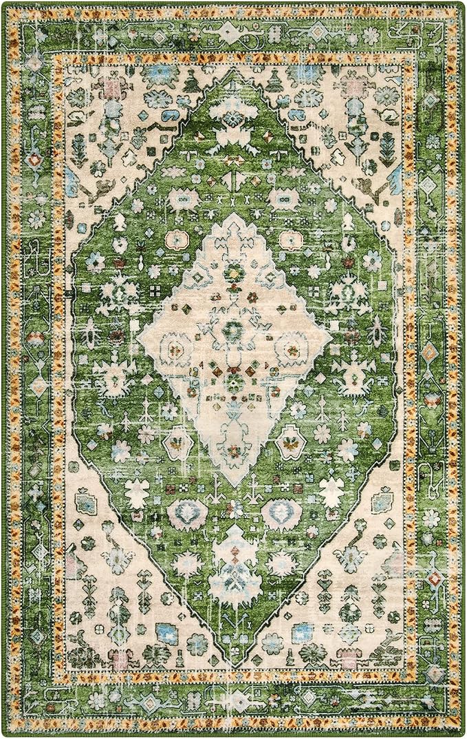 Lahome Felice Boho Tribal Area Rug - 3x5 Vintage Green Rug for Bedroom, Soft Non Slip Washable Entry Bathroom Mat Bohemian Indoor Accent Floor Chair Carpet for Entrance Coffee Table Foyer RV Hall