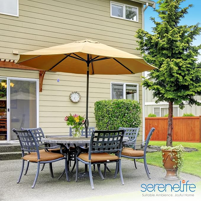 10ft Patio Table Umbrella, 6 Sturdy Ribs with Push Button Tilt, Easy Close Open Crank, Outdoor Furniture for Garden Lawn Deck Pool Beach, Weatherproof Fabric