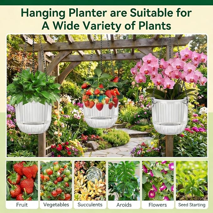 12 Pcs 4.5 Inch Self Watering Hanging Planters for Indoor Outdoor Plants Bulk Pet Small Hanging Flower Pots with Chain Hooks Drainage Holes with Labels 3 Transplant Tools Baskets for Simple Plant Care