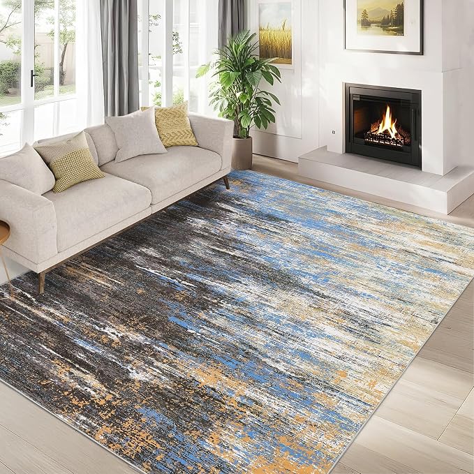 ROYHOME Modern Abstract Living Room Rug 10x13, Blue/Brown | Machine Washable Large Carpet, Non Slip Low Pile Rug, Ultra Soft Indoor Floor Carpet for Bedroom Dining Room Table Home Decor