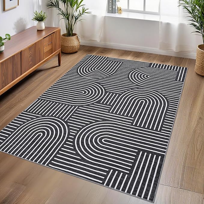 ROYHOME Modern Washable Rug Rainbow 6x9 Area Rugs for Living Room Non Slip | Abstract Rug for Bedroom, Throw Rugs with Rubber Back, Low Pile Stain Resistant Geometric Carpet for Dining Room, BlackWhite