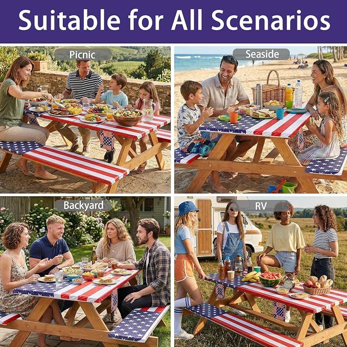 Jobunai Picnic Table Cover with Bench Covers Fitted Elastic Non Slip Water Resistant Camping Tablecloths for 6 Foot Rectangular Tables Travel Trailer Gadgets Summer Garden Supplies Gifts for Couples