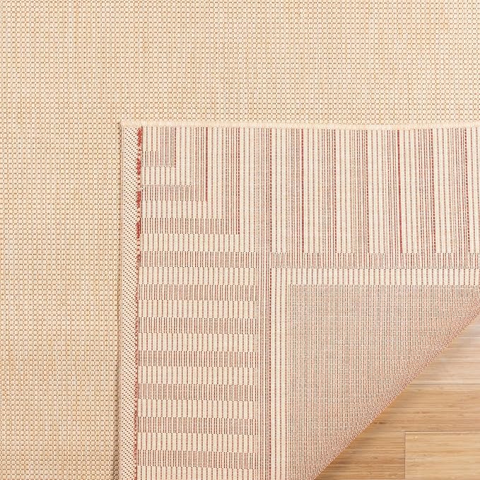 Gertmenian Indoor/Outdoor Flatweave Area Rug - 9x13 Extra Large, Stain & UV Resistant, Ideal for Deck, Patio, Poolside, Mudroom - Klano Striped Sand, Red, 25426