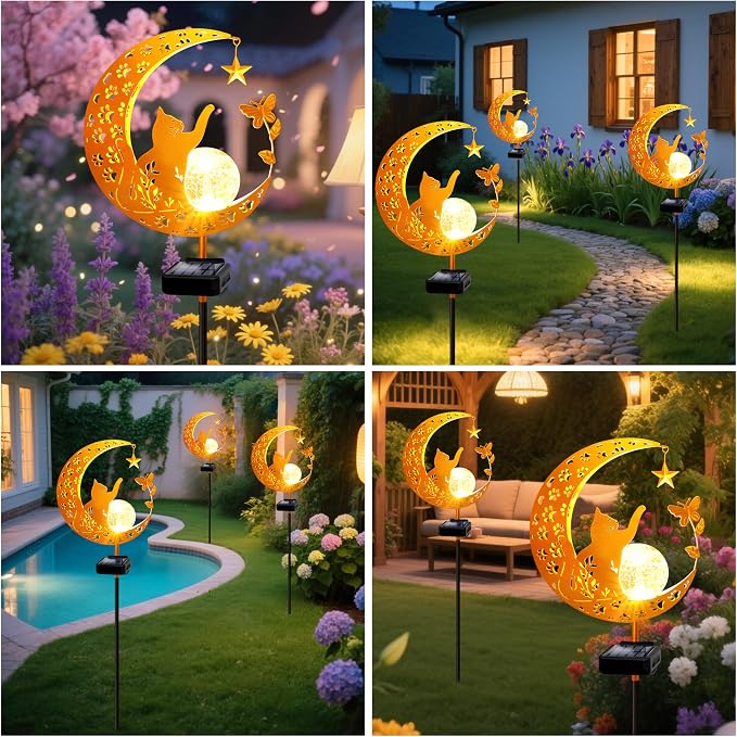 Solar Garden Lights Waterproof, Gift for Women Mom Grandma Wife Daughter, Cat Pathway Stake Lights, Glass Globe with Moon Cat Decor, Outdoor Decor Lights for Walkway Yard Lawn Patio Courtyard Garden