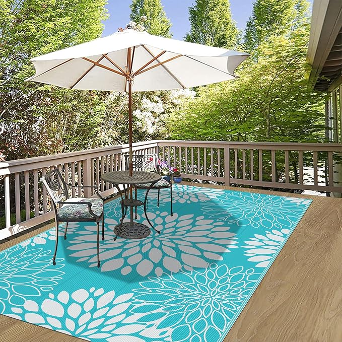 Ileading Waterproof Outdoor Rug 5x8, Reversible Plastic Straw Patio Rug, Portable Indoor Outdoor RV Camping Mat Carpet for Deck, Porch, Balcony, Backyard, Picnic, Floral Teal