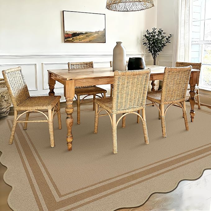 5x7 Scalloped Rug Easy Jute Washable Outdoor Patio Rug for Living Room Indoor Outdoor Tan Geometric Neutral Carpet for Backyard Patio Dining Room