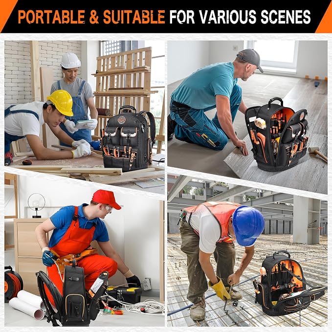 LOKASS Tool Backpack Heavy Duty with Molded Bottom, 1680D 56-Pocket Tool Bag Organizer with Laptop Compartment & Combination Lock, Durable Water-Resistant Electrician & HVAC Tool Backpack - Black
