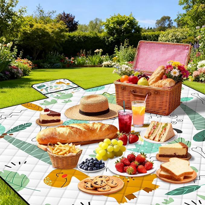 Extra Large Picnic Blanket Waterproof,80"x 80"Foldable Machine Washable Beach Blanket,Outdoor Blanket for 6-8 Adults,Suitable for Indoor Crawling,Park Beach,Camping,Hiking,Family Travel(Dinosaur)