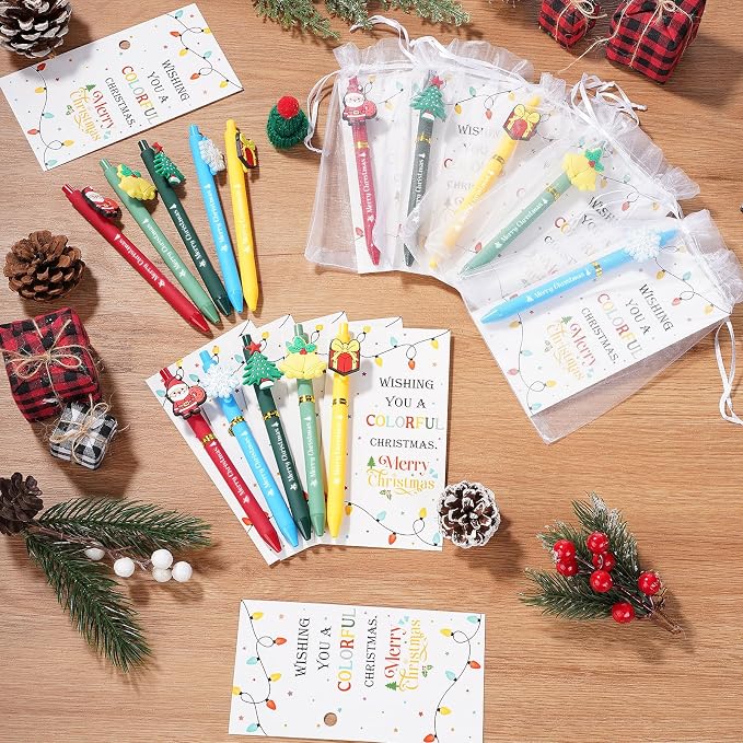 Marspark 30 Set Colorful Christmas Gifts Bulk Christmas Ballpoint Pens and Greeting Cards Set with Bag Twist Ties for Employee Coworker Teacher Student School Office Home Party Favor