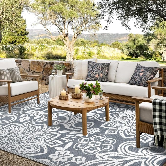Findosom Waterproof Outdoor Rug 8' x 10' - Reversible Mandala Outdoor Plastic Straw Rug, Durable Foldable Patio Rug for RV, Deck, Balcony, Backyard, Picnic, Porch, Camping, Beach, Gray