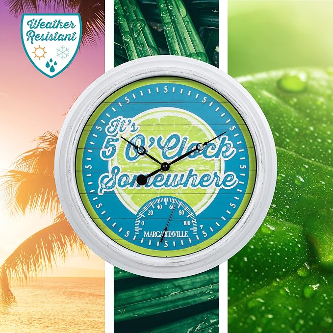 La Crosse Technology 433-3841MV2T 15.75" Indoor/Outdoor Quartz Clock with Temp-Margaritaville It’s 5 O’Clock Somewhere