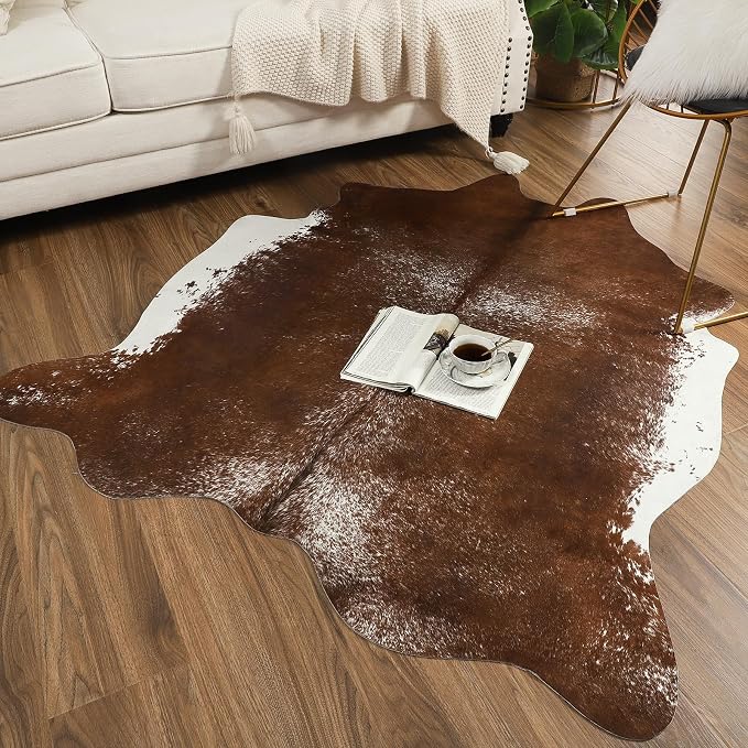 Faux Cowhide Rug, Cow Print Large Animal Rug, 4.6x5.2 Ft Deep Brown | Premium Cow Hide Carpet, Western Rug for Bedroom Living Room Decor, Durable Faux Cow Skin Cowhide Area Rug