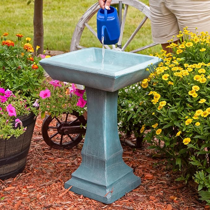 Sunnydaze 23” H Concrete Bird Bath for Outdoors - Simply Square Garden Bird Bath with Glass Fiber Reinforced Concrete Construction - Patina Green