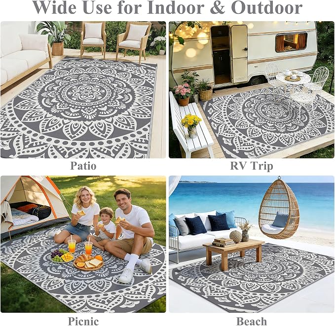 Bsmathom Waterproof Outdoor Rug 5'x8' Grey | Reversible, Boho Plastic Straw, Portable RV Mat, Indoor Outdoor, For Patio Deck Camping Beach Pool