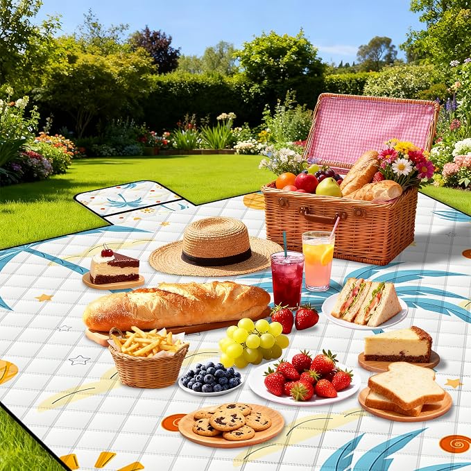 Extra Large Picnic Blanket Waterproof,80"x 80"Foldable Machine Washable Beach Blanket,Outdoor Blanket for 6-8 Adults,Suitable for Indoor Crawling,Park Beach,Camping,Hiking,Family Travel(Island)