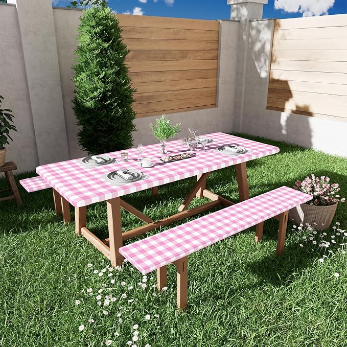 Smiry Picnic Table Cover with Bench Covers, Waterproof Elastic Fitted Tablecloths for 8 Foot Rectangle Tables, Washable Buffalo Plaid Tablecloth for Camping, Outdoor (Pink & White, 30"x96")