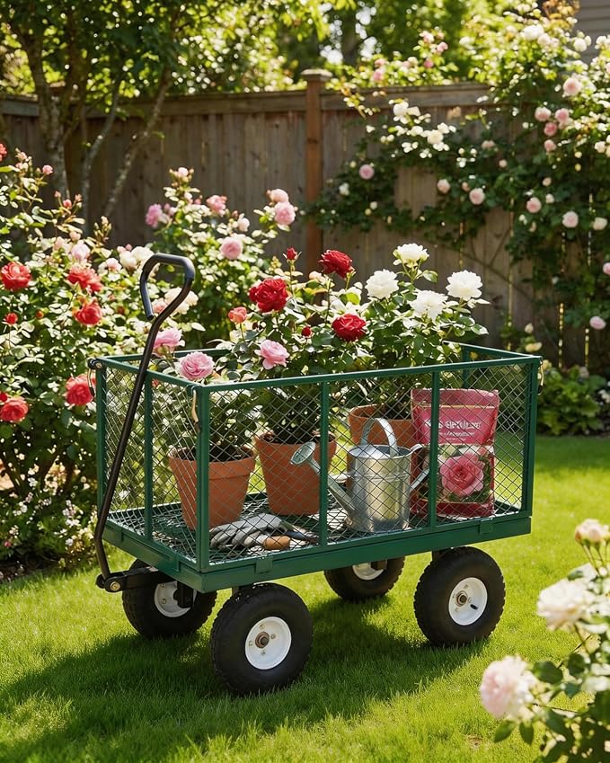 GarveeTech 400LBS Heavy Duty Steel Garden Cart, Garden Wagon Cart on Wheels, Metal Yard Utility Wagon with Removable Mesh Sides, 10" All Terrain Tires, 180° Rotating Handle for Lawn, Garden, Farm