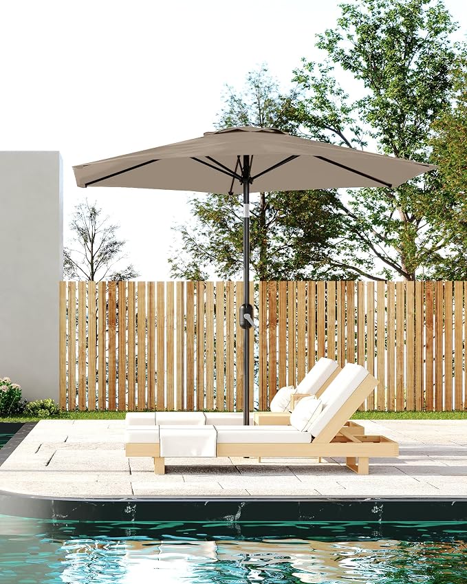 GarveeLife 7.5 ft Outdoor Patio Umbrella, Outdoor Table Umbrella, Market Umbrella with Push Button Tilt and Crank, 6 Sturdy Ribs UV Protection Waterproof for Garden, Deck, Backyard, Pool (Tan)