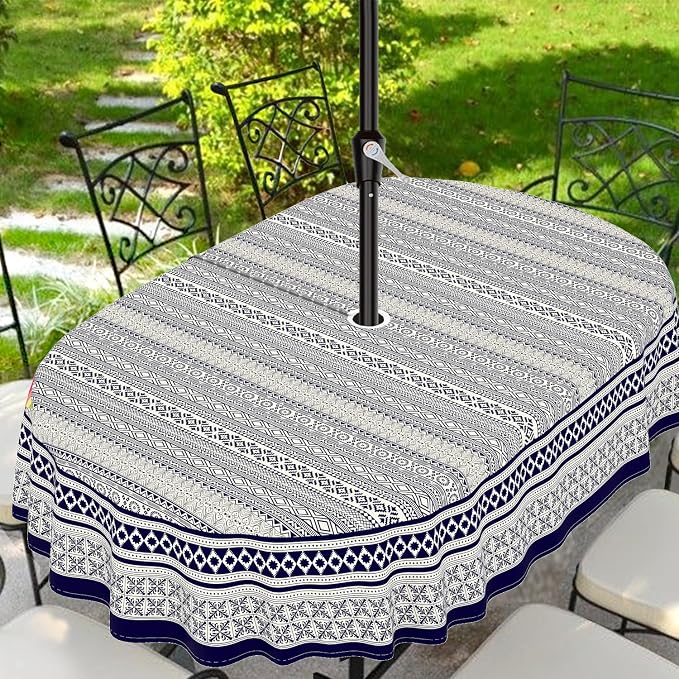 Outdoor Tablecloth with Umbrella Hole and Zipper, Oval Patio Table Covers for Spring/Summer, Machine Washable Outdoor Picnic Table Cloth (Boho, 60" × 84" Oval)