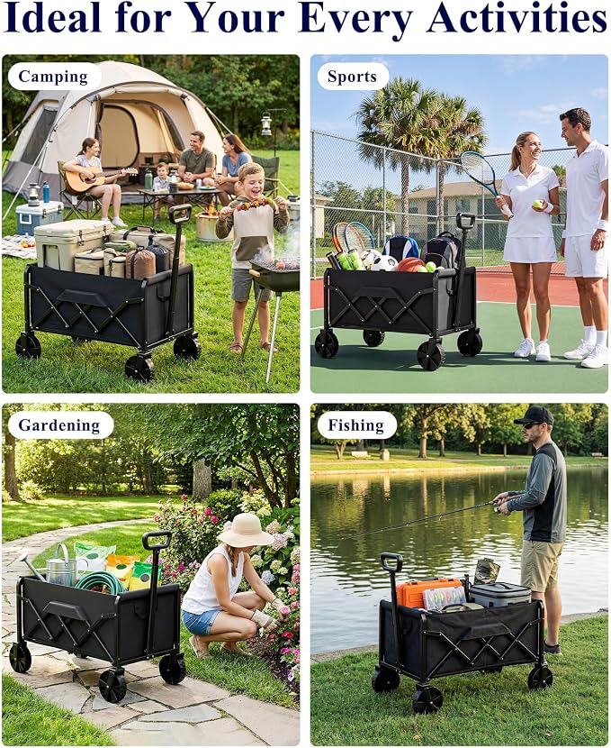 Kitsure Collapsible Wagon with Wheels, Foldable Dog Wagon Carts with 200lbs Load Capacity, Utility Shopping Cart, Black, 28.0" x 17.0" x 36.0"