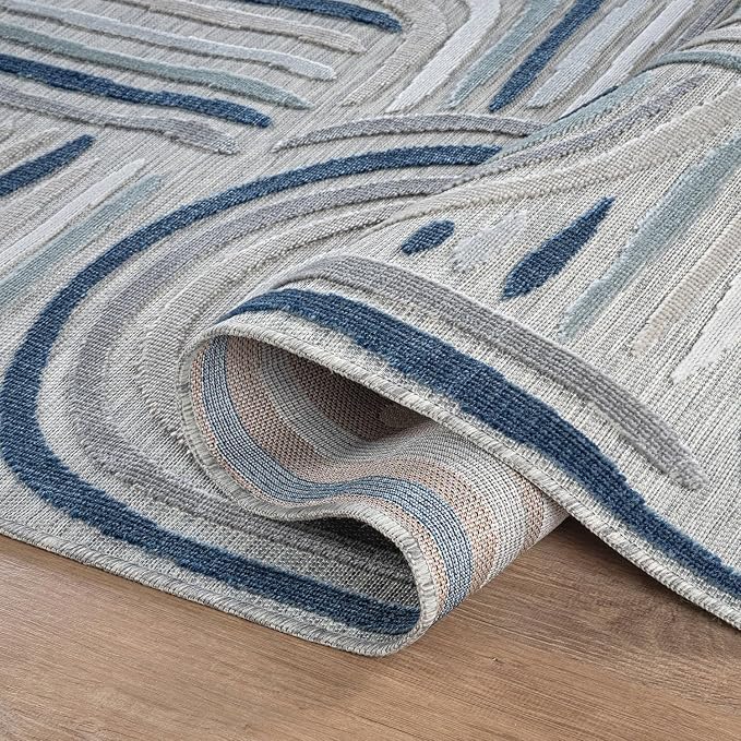 CAMILSON Indoor Outdoor Rug, Blue 9x12 Geometric Arch Striped Large Area Rugs for Patio and Home Areas, Easy-Cleaning Non-Shedding Living Room, Garden and Deck Washable Outside Carpet (9 x 12)