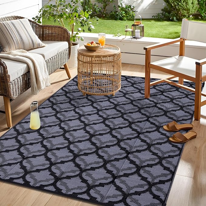 OLANLY Reversible Outdoor Rug 9x12 ft Clearance, Waterproof Outdoor Plastic Straw Rug with Interlacing Pattern, RV Mat for Patio, Camping, Balcony, Deck, Backyard, Black & Grey