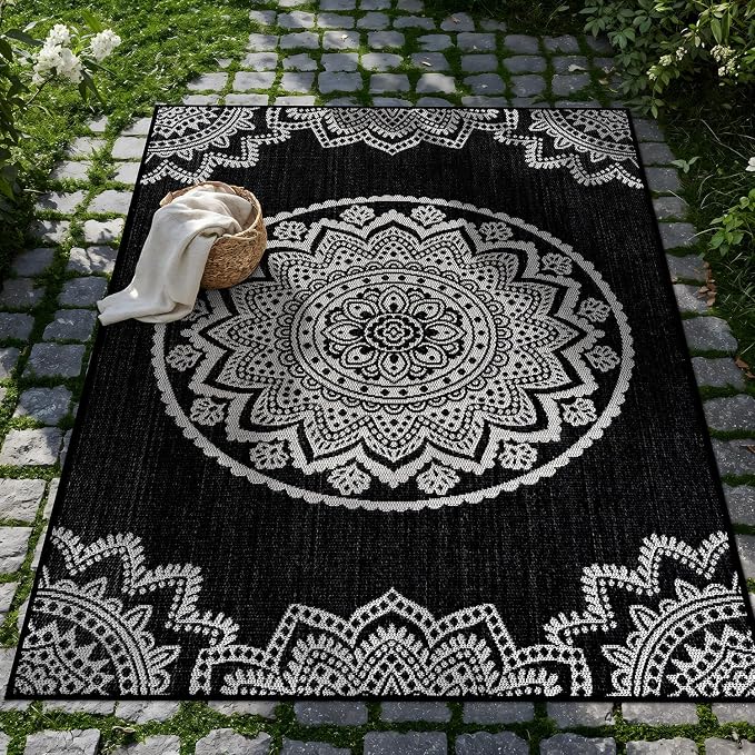CAMILSON Outdoor Rug 10x14 Modern Large Area Rugs for Indoor and Outdoor Patios and Porches - Washable Non-Shedding Easy-to-Clean Outside Carpet (10 x 14 Medallion - Black/White)
