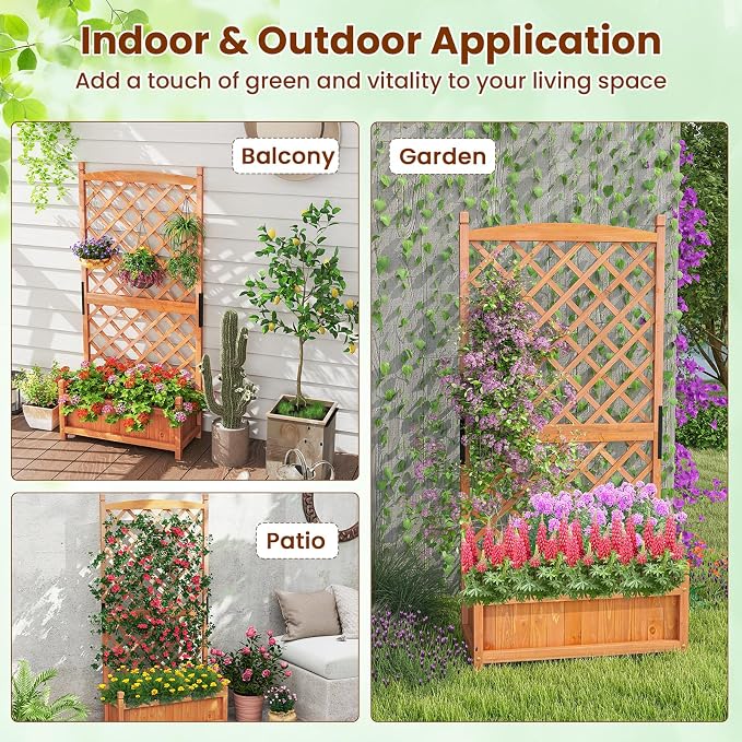 Giantex Raised Garden Bed with Trellis, 60" Wooden Planter Container with Drainage Holes, High Trellis for Plant Flower Climbing Pot Hanging, Indoor & Outdoor Planter Box for Yard Garden Balcony