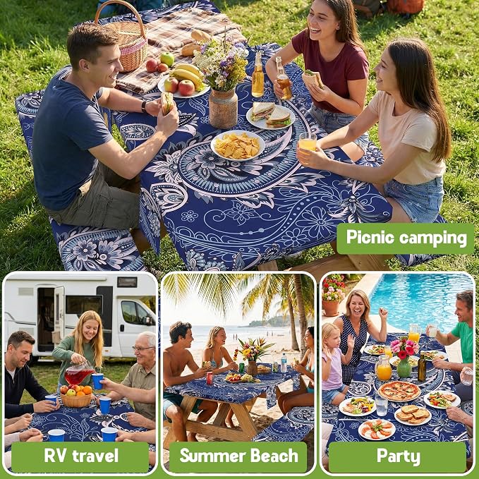 Picnic Table Cover with Bench Covers Waterproof Elastic Rectangle Reusable Folding Tablecloth Manteles Mantelería Camping Essentials Rv Car Travel Supplies Table Cloth Outdoor Road Trip Camper Gifts