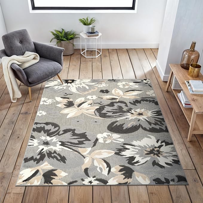 Rugshop Bergamo Contemporary Floral Non-Shedding Easy Cleaning Patio Deck Backyard Indoor/Outdoor Area Rug 6' 6" Square Gray