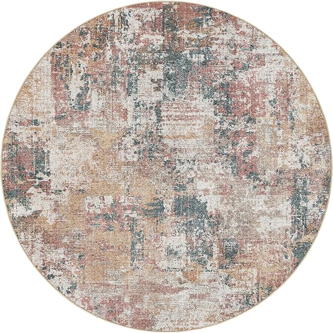 Tortania Washable 8' Round Area Rug for Living Room: Modern Abstract Neutral Large So' Thin Rugs - Non Slip Indoor Carpet for Bedroom Dining Room Office Nursery Home Floor Decoration - Colorful Multi