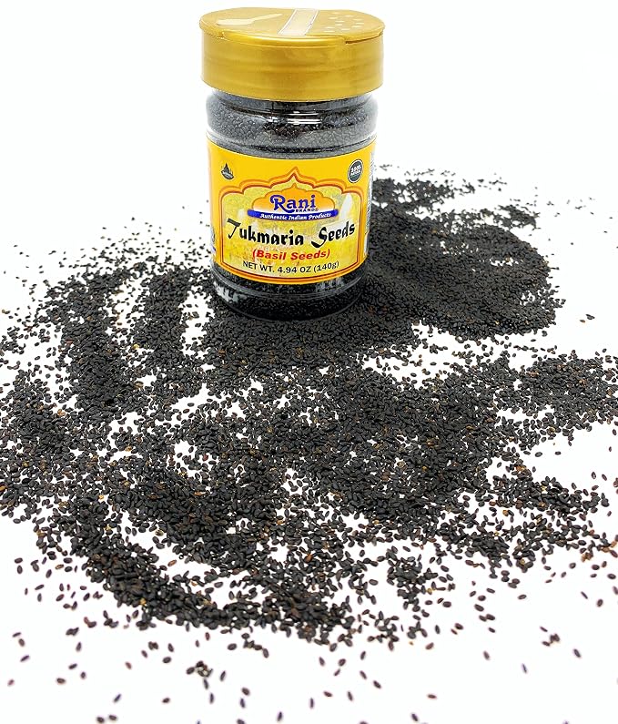 Rani Tukmaria (Natural Holy Basil Seeds) 4.94oz (140g) PET Jar Used for Falooda / Sabja Dessert, Spice & Ayurveda Herbal ~ Gluten Friendly | NON-GMO | Kosher | Vegan | Indian Origin